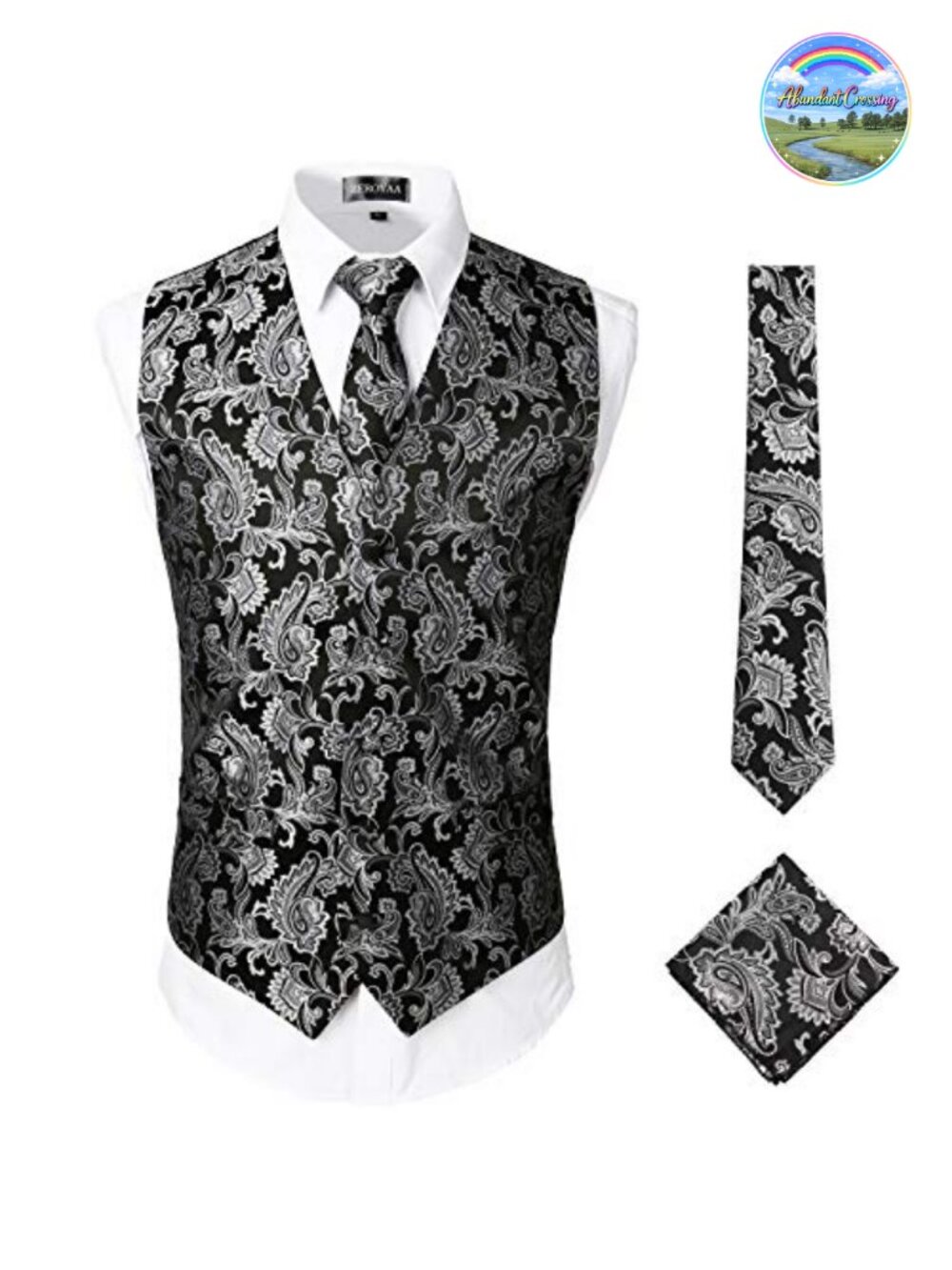 Mens Classic 3pc Jacquard Paisley Vest Set with Tie & Handkerchief